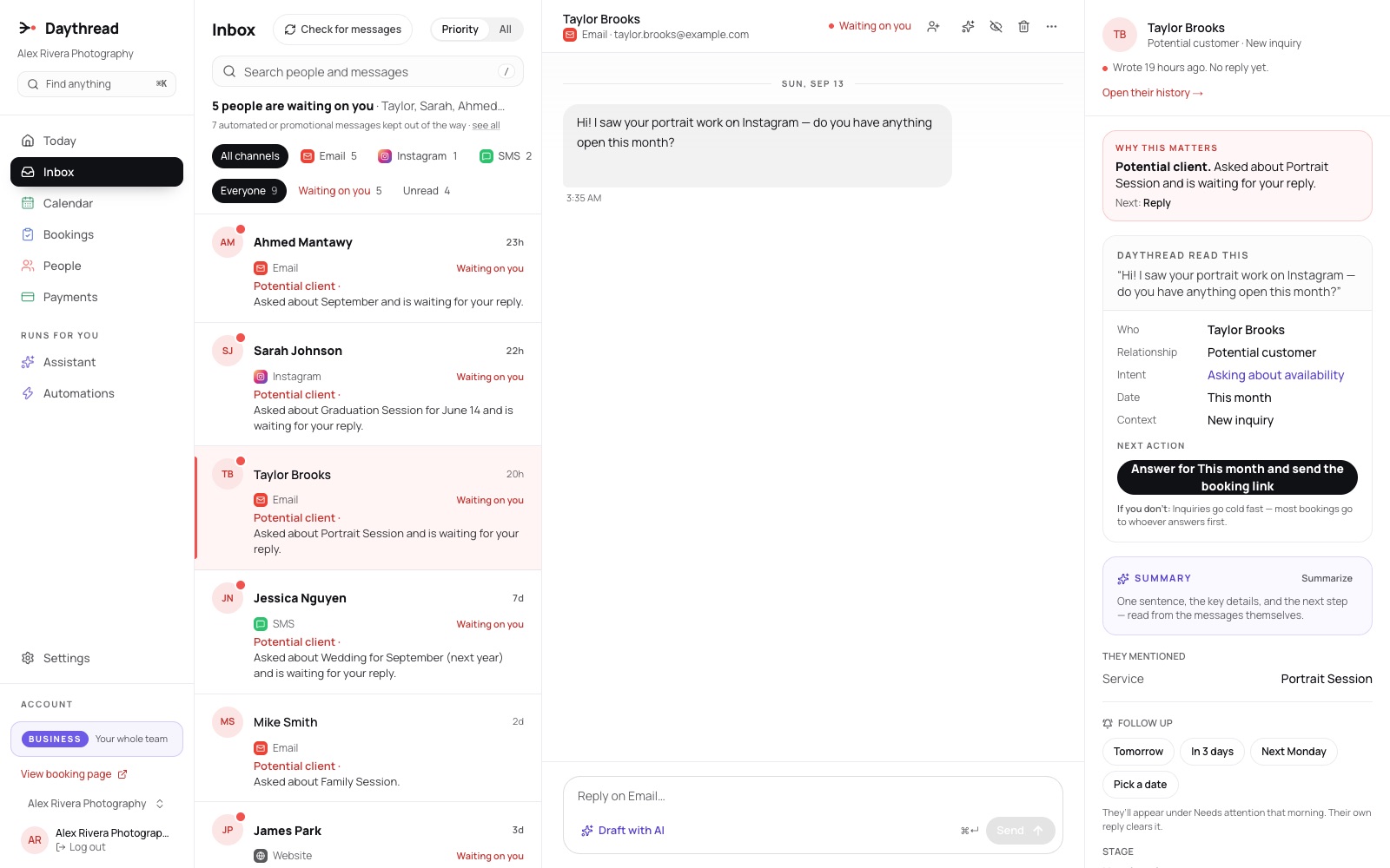 Daythread’s inbox on a demo workspace: client conversations from email, Instagram and text messages on the left, one conversation open in the middle, and on the right the intent Daythread read in the message and the action it suggests.